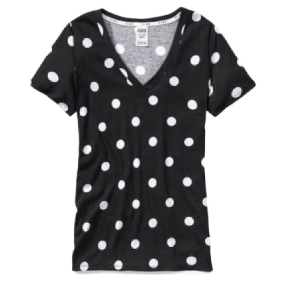 NWT Victoria’s Secret PINK “Sexy” Black & White Polka Dot V-Neck T-Shirt! Sz XS
